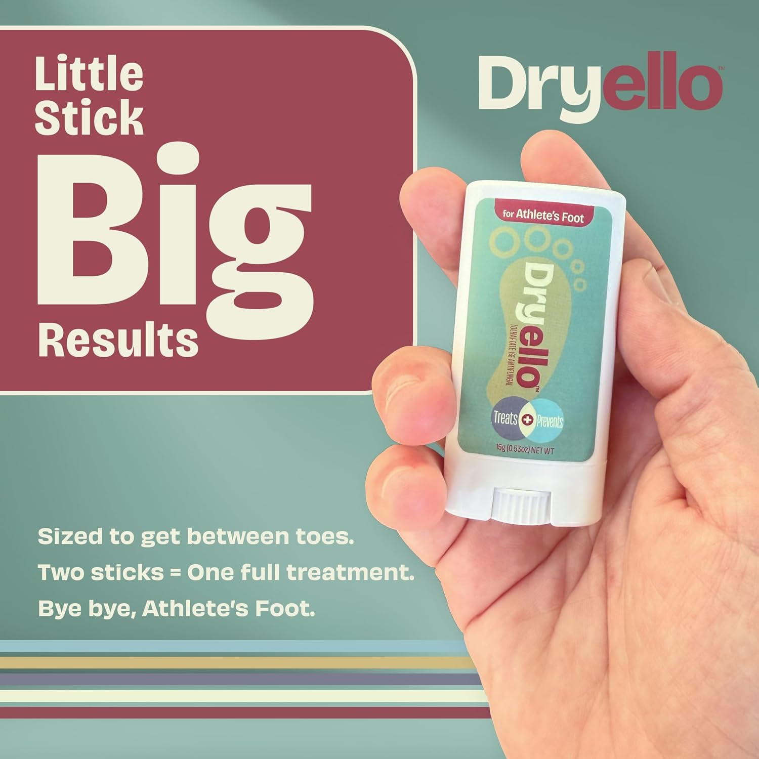 Hand holding one Dryello stick, showcasing the product's optimized size. 