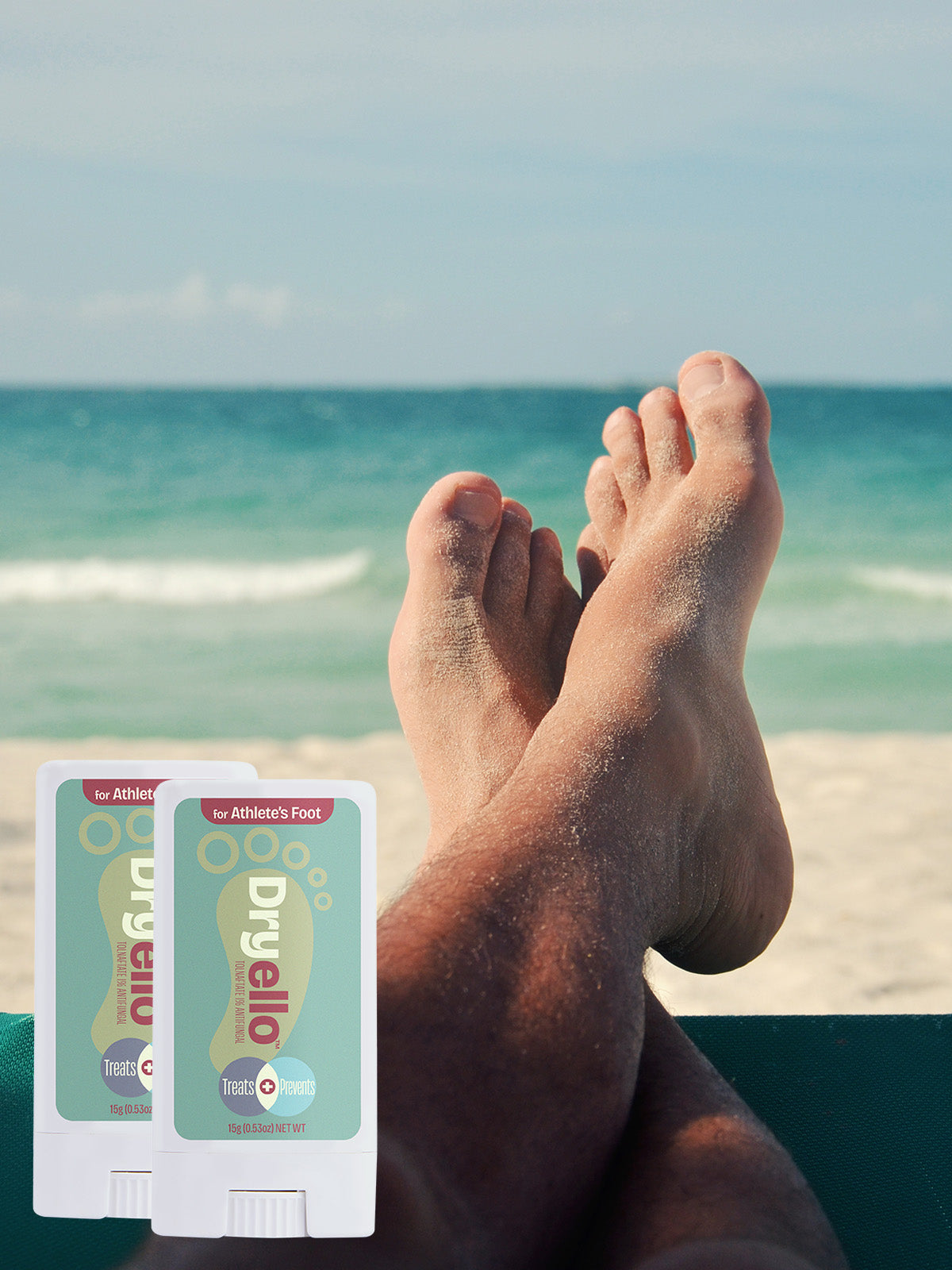 Two Dryello athlete’s foot treatment bars with healthy feet on the beach
