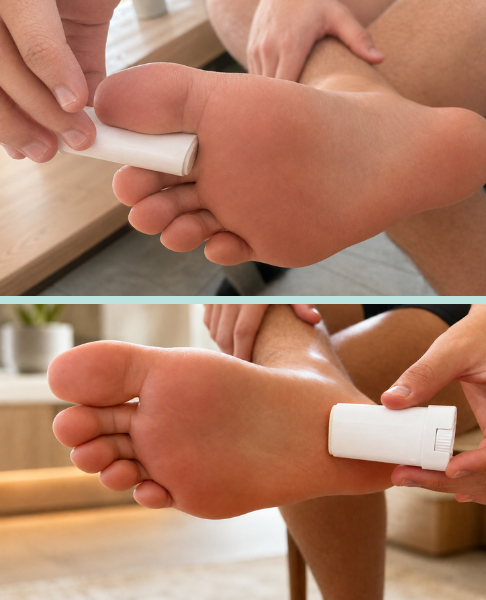 The Dryello Fragrance Free stick applied to the toes and the sole of a foot