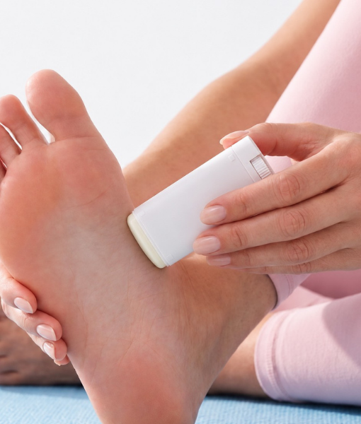 The Dryello Fragrance Free stick applied along the side of a bare foot