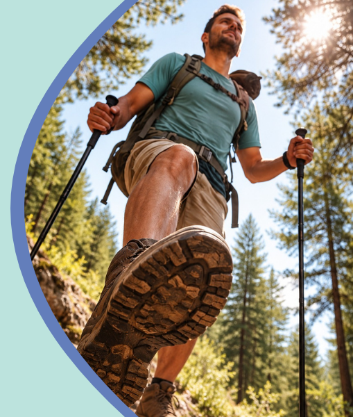 Hiker mid-stride on a sunlit forest trail